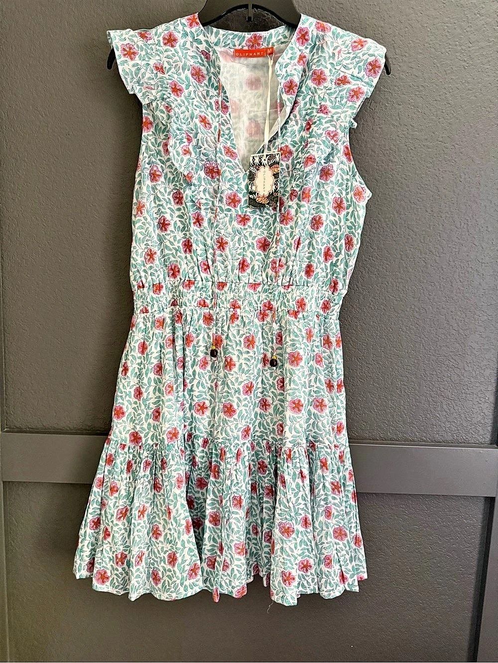 OLIPHANT • NWT Sleeveless smocked waist short dress villa green floral Medium